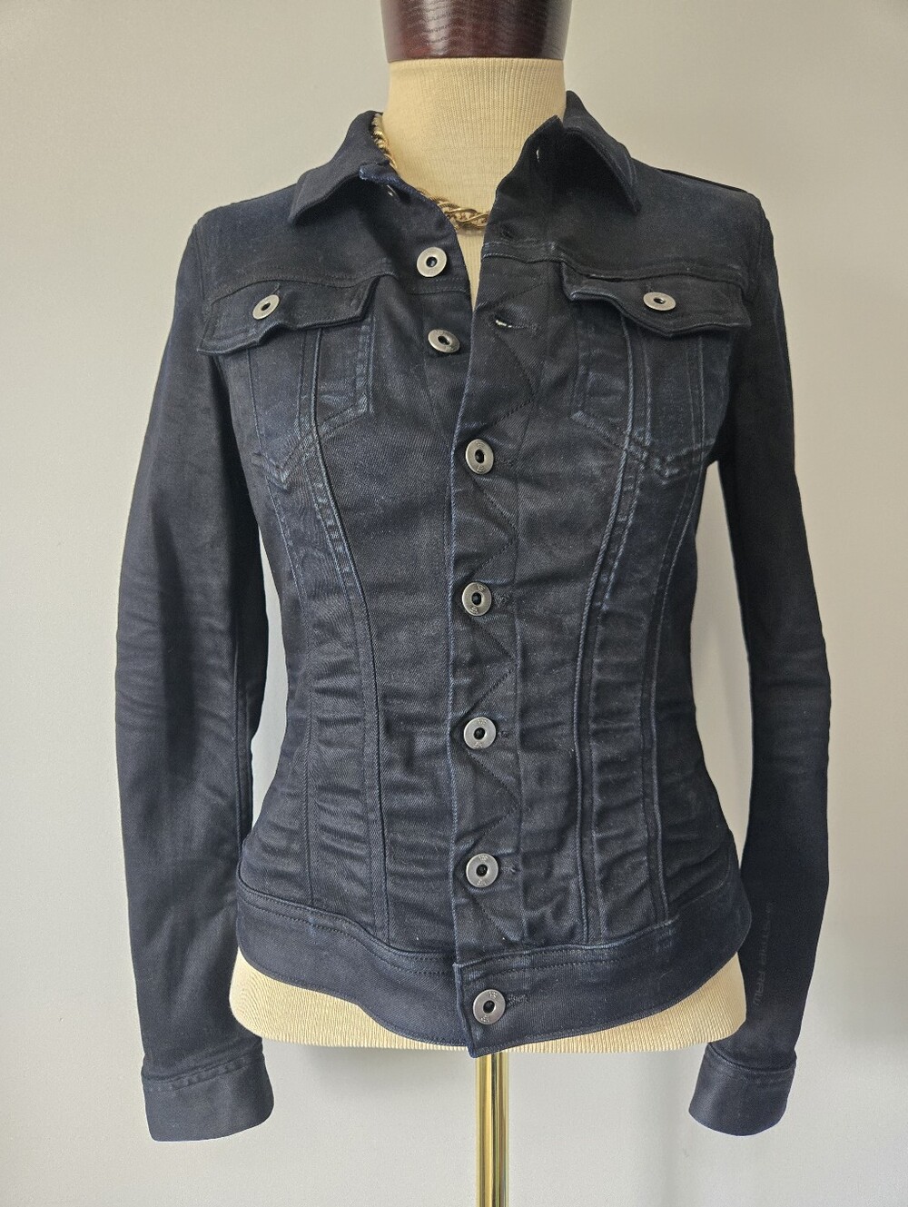 G-Star Fitted Waxed  Dark Wash Denim Jacket. Size Small